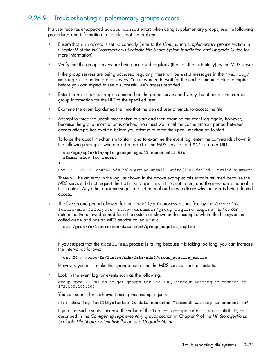 9 troubleshooting supplementary groups access, 9 troubleshooting supplementary groups access -31 | HP StorageWorks Scalable File Share User Manual | Page 255 / 362