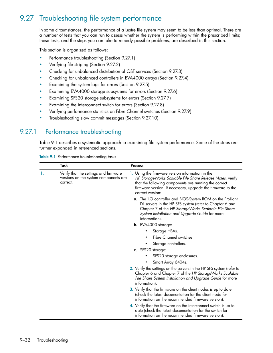 27 troubleshooting file system performance, 1 performance troubleshooting, 27 troubleshooting file system performance -32 | 1 performance troubleshooting -32 | HP StorageWorks Scalable File Share User Manual | Page 256 / 362