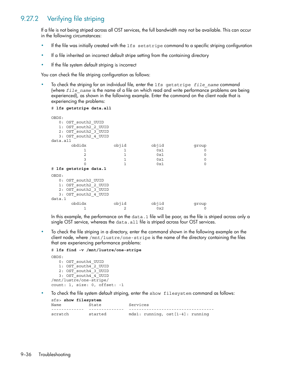 2 verifying file striping, 2 verifying file striping -36, Verifying file striping (section 9.27.2) | Ee section 9.27.2) | HP StorageWorks Scalable File Share User Manual | Page 260 / 362