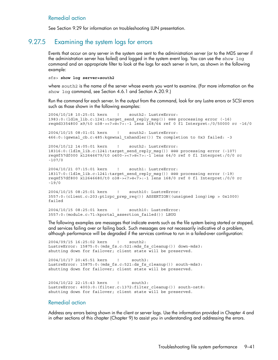 5 examining the system logs for errors, 5 examining the system logs for errors -41, Ee section 9.27.5 | HP StorageWorks Scalable File Share User Manual | Page 265 / 362