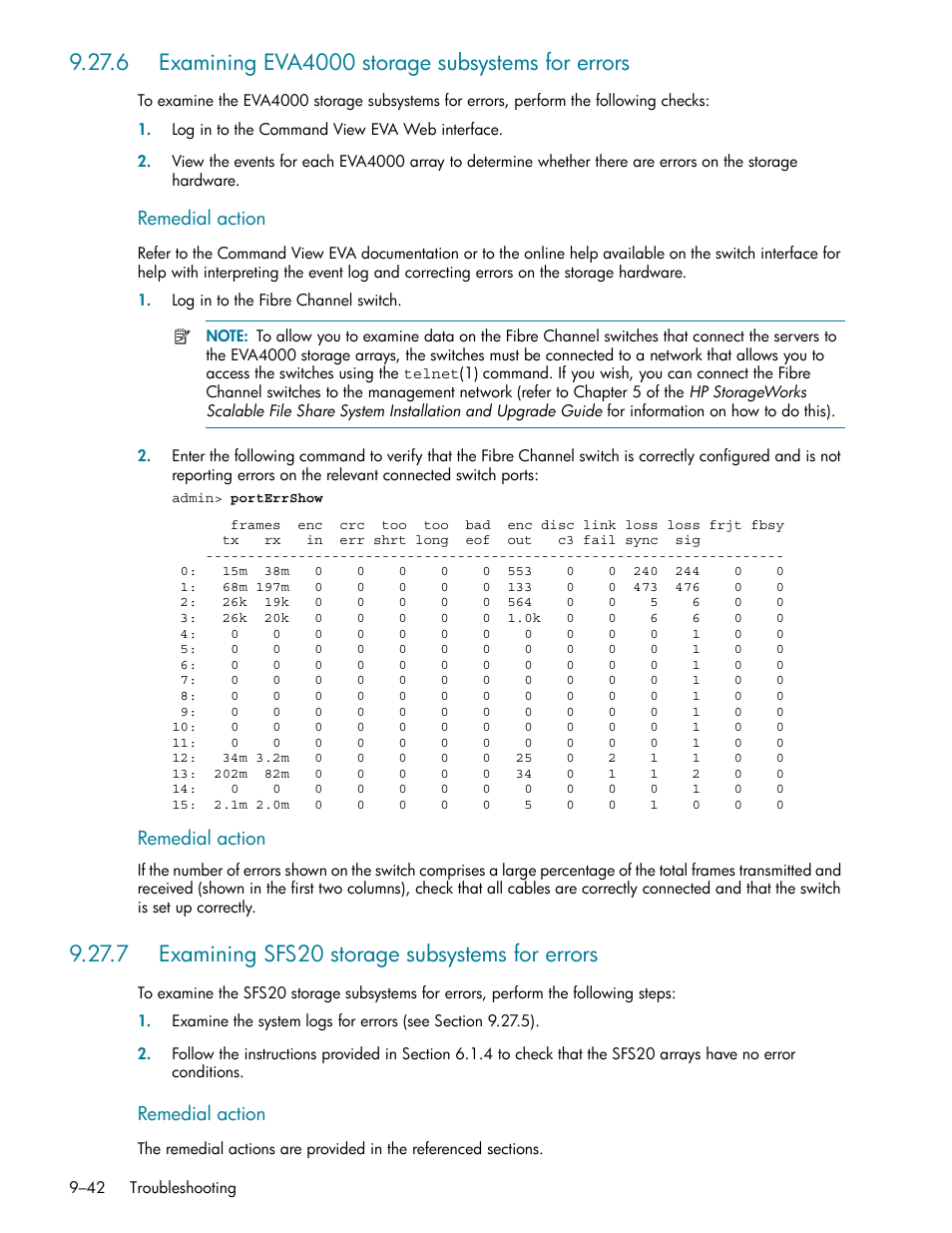 6 examining eva4000 storage subsystems for errors, 7 examining sfs20 storage subsystems for errors, Section 9.27.6 | Or section 9.27.7 | HP StorageWorks Scalable File Share User Manual | Page 266 / 362