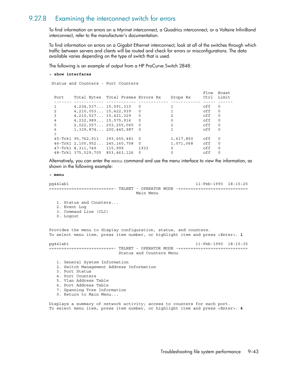 8 examining the interconnect switch for errors, 8 examining the interconnect switch for errors -43, Section 9.27.8) | HP StorageWorks Scalable File Share User Manual | Page 267 / 362