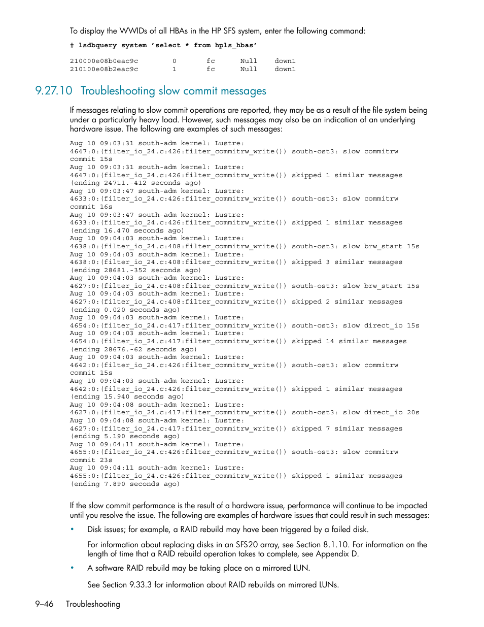 10 troubleshooting slow commit messages, 10 troubleshooting slow commit messages -46 | HP StorageWorks Scalable File Share User Manual | Page 270 / 362