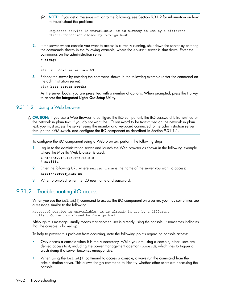 2 using a web browser, 2 troubleshooting ilo access, Using a web browser -52 | 2 troubleshooting ilo access -52 | HP StorageWorks Scalable File Share User Manual | Page 276 / 362