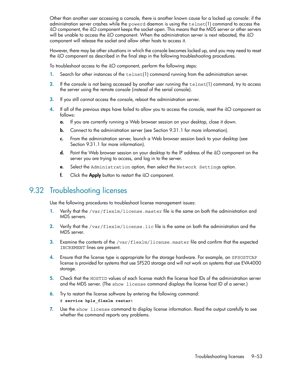 32 troubleshooting licenses, 32 troubleshooting licenses -53, Troubleshooting licenses (section 9.32) | HP StorageWorks Scalable File Share User Manual | Page 277 / 362