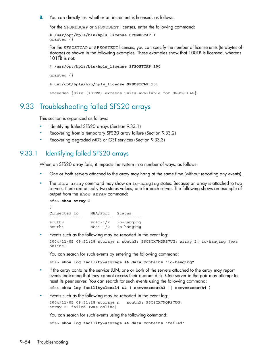 33 troubleshooting failed sfs20 arrays, 1 identifying failed sfs20 arrays, 33 troubleshooting failed sfs20 arrays -54 | 1 identifying failed sfs20 arrays -54, Troubleshooting failed sfs20 arrays (section 9.33) | HP StorageWorks Scalable File Share User Manual | Page 278 / 362