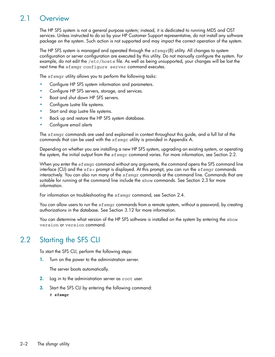 1 overview, 2 starting the sfs cli, 1 overview -2 | 2 starting the sfs cli -2, Overview (section 2.1), Starting the sfs cli (section 2.2) | HP StorageWorks Scalable File Share User Manual | Page 28 / 362