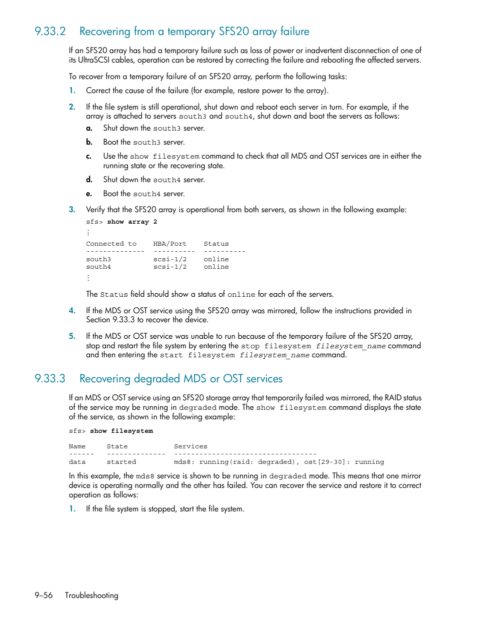 2 recovering from a temporary sfs20 array failure, 3 recovering degraded mds or ost services, 3 recovering degraded mds or ost services -56 | See section 9.33.3, Section 9.33.3 | HP StorageWorks Scalable File Share User Manual | Page 280 / 362