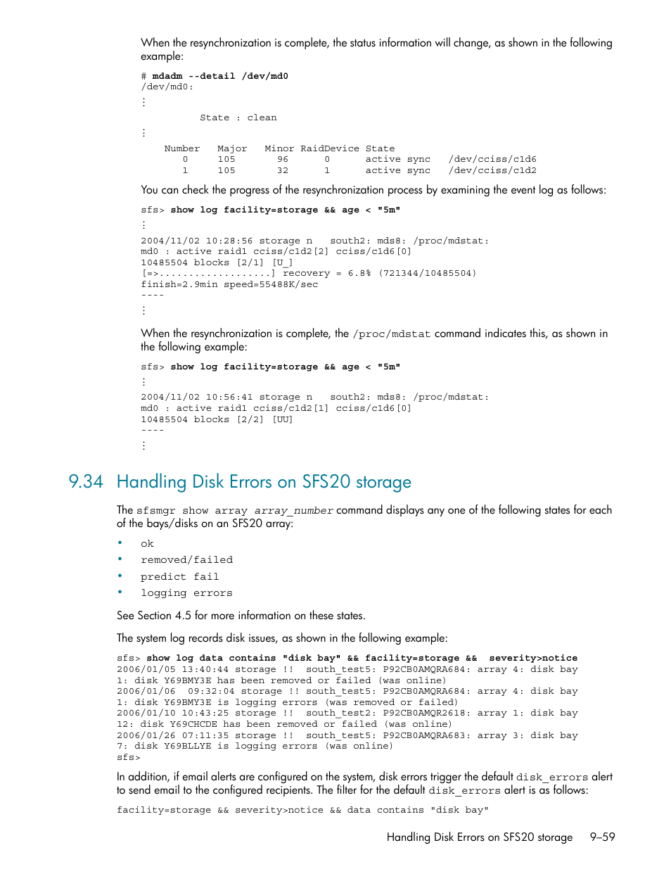 34 handling disk errors on sfs20 storage, 34 handling disk errors on sfs20 storage -59, E section 9.34 | Section 9.34, See section 9.34 | HP StorageWorks Scalable File Share User Manual | Page 283 / 362