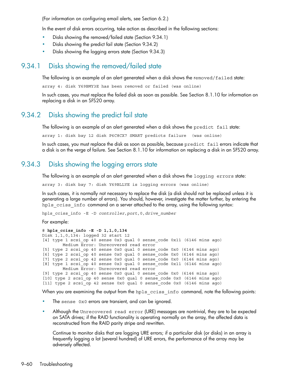 1 disks showing the removed/failed state, 2 disks showing the predict fail state, 3 disks showing the logging errors state | 1 disks showing the removed/failed state -60, 2 disks showing the predict fail state -60, 3 disks showing the logging errors state -60 | HP StorageWorks Scalable File Share User Manual | Page 284 / 362