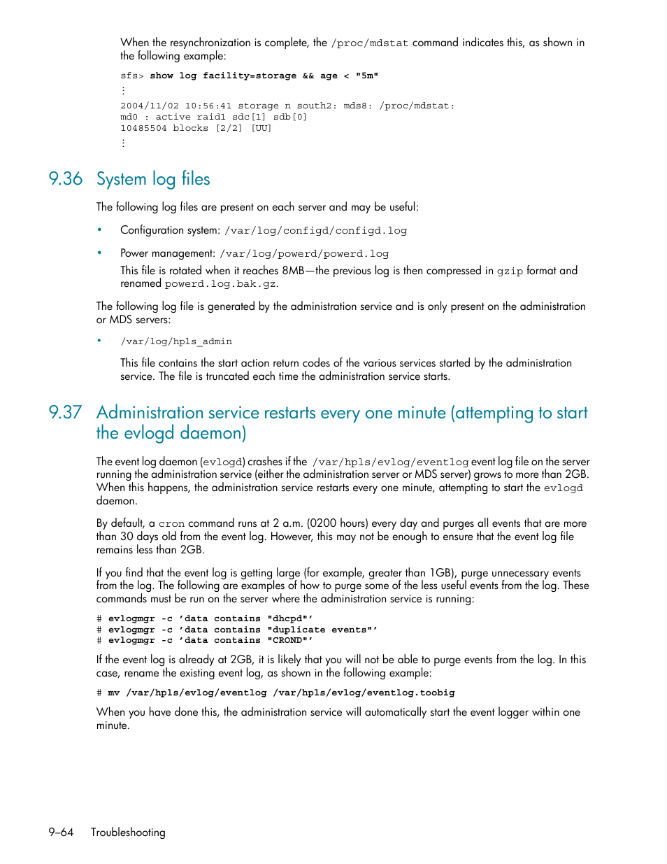 36 system log files, 36 system log files -64, System log files (section 9.36) | Section 9.37) | HP StorageWorks Scalable File Share User Manual | Page 288 / 362