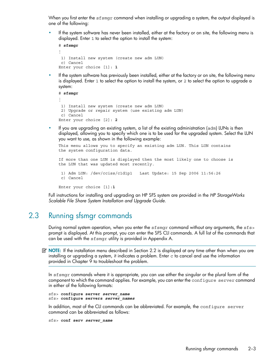 3 running sfsmgr commands, 3 running sfsmgr commands -3, Running sfsmgr commands (section 2.3) | E section 2.3 f | HP StorageWorks Scalable File Share User Manual | Page 29 / 362