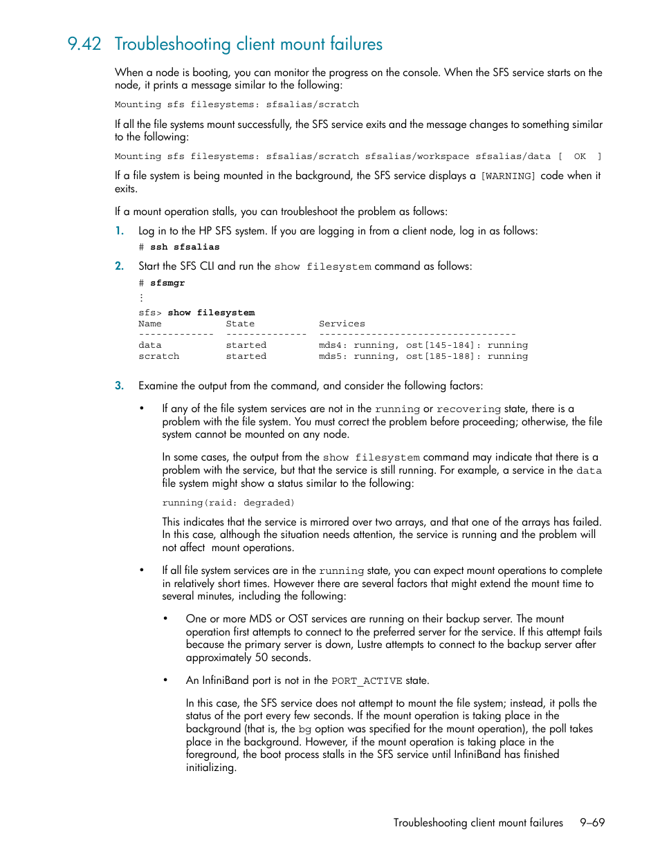 42 troubleshooting client mount failures, 42 troubleshooting client mount failures -69 | HP StorageWorks Scalable File Share User Manual | Page 293 / 362