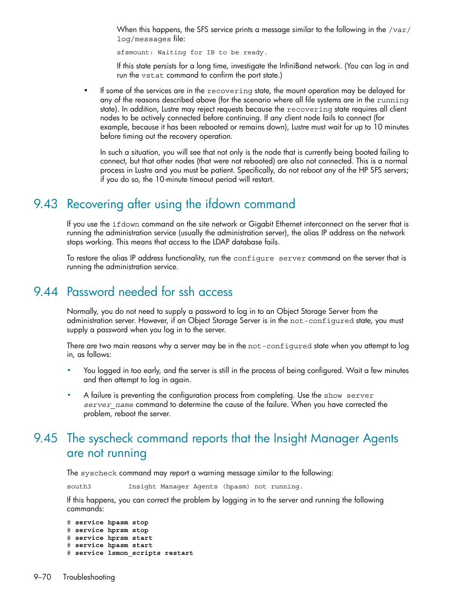 43 recovering after using the ifdown command, 44 password needed for ssh access, 43 recovering after using the ifdown command -70 | 44 password needed for ssh access -70, Password needed for ssh access (section 9.44) | HP StorageWorks Scalable File Share User Manual | Page 294 / 362