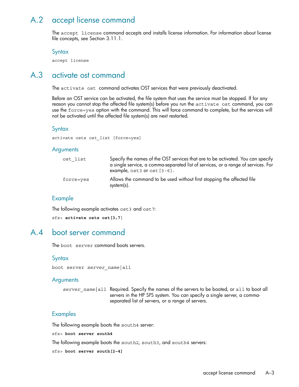 A.2 accept license command, A.3 activate ost command, A.4 boot server command | HP StorageWorks Scalable File Share User Manual | Page 297 / 362