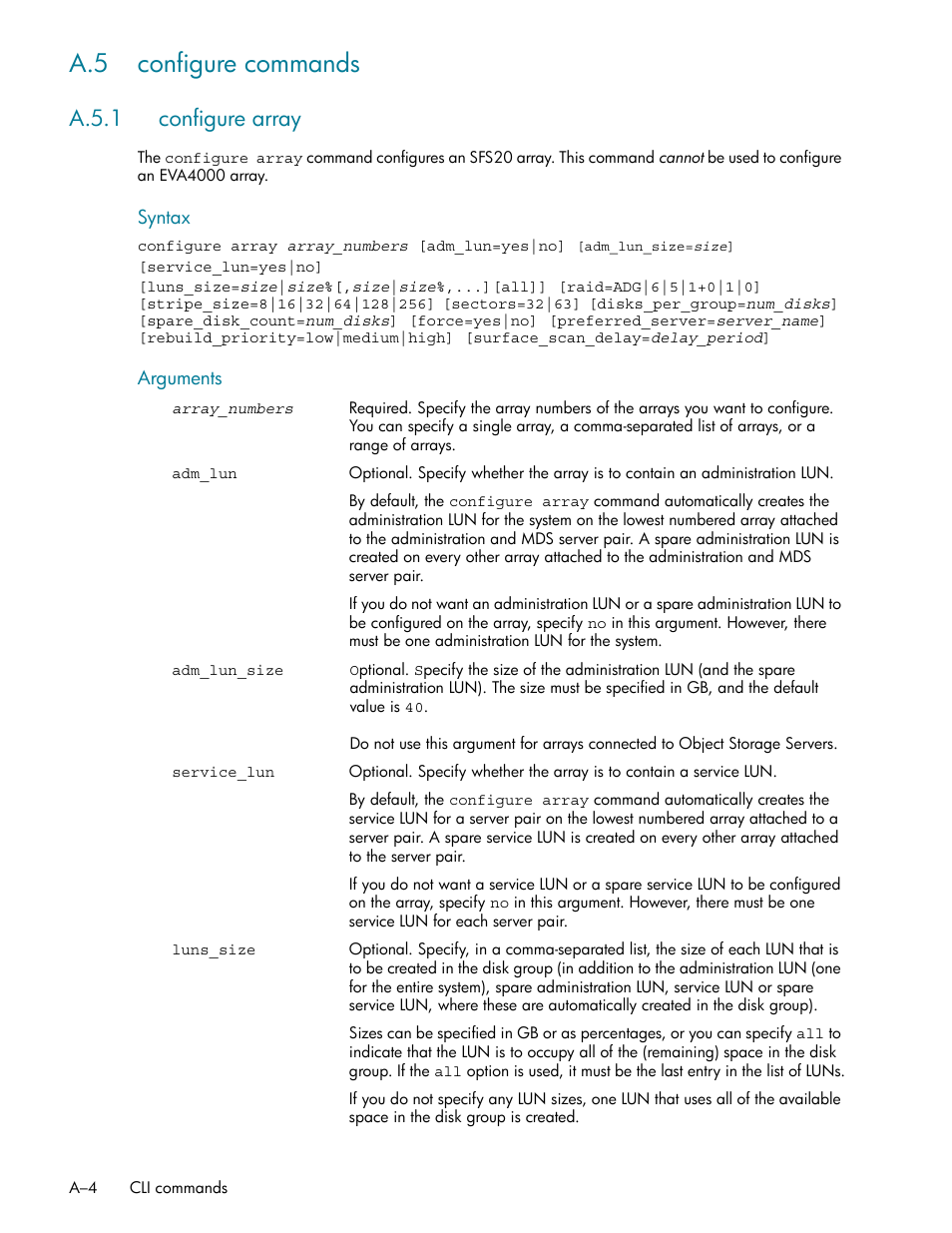 A.5 configure commands, A.5.1 configure array, A.5.1 | Section a.5.1 f | HP StorageWorks Scalable File Share User Manual | Page 298 / 362