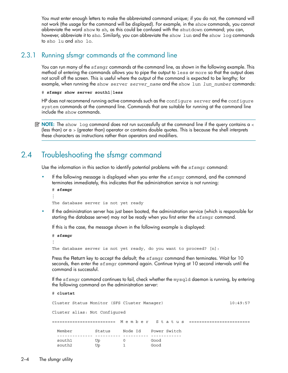 1 running sfsmgr commands at the command line, 4 troubleshooting the sfsmgr command, Running sfsmgr commands at the command line -4 | 4 troubleshooting the sfsmgr command -4, Troubleshooting the sfsmgr command (section 2.4), Section 2.4 | HP StorageWorks Scalable File Share User Manual | Page 30 / 362