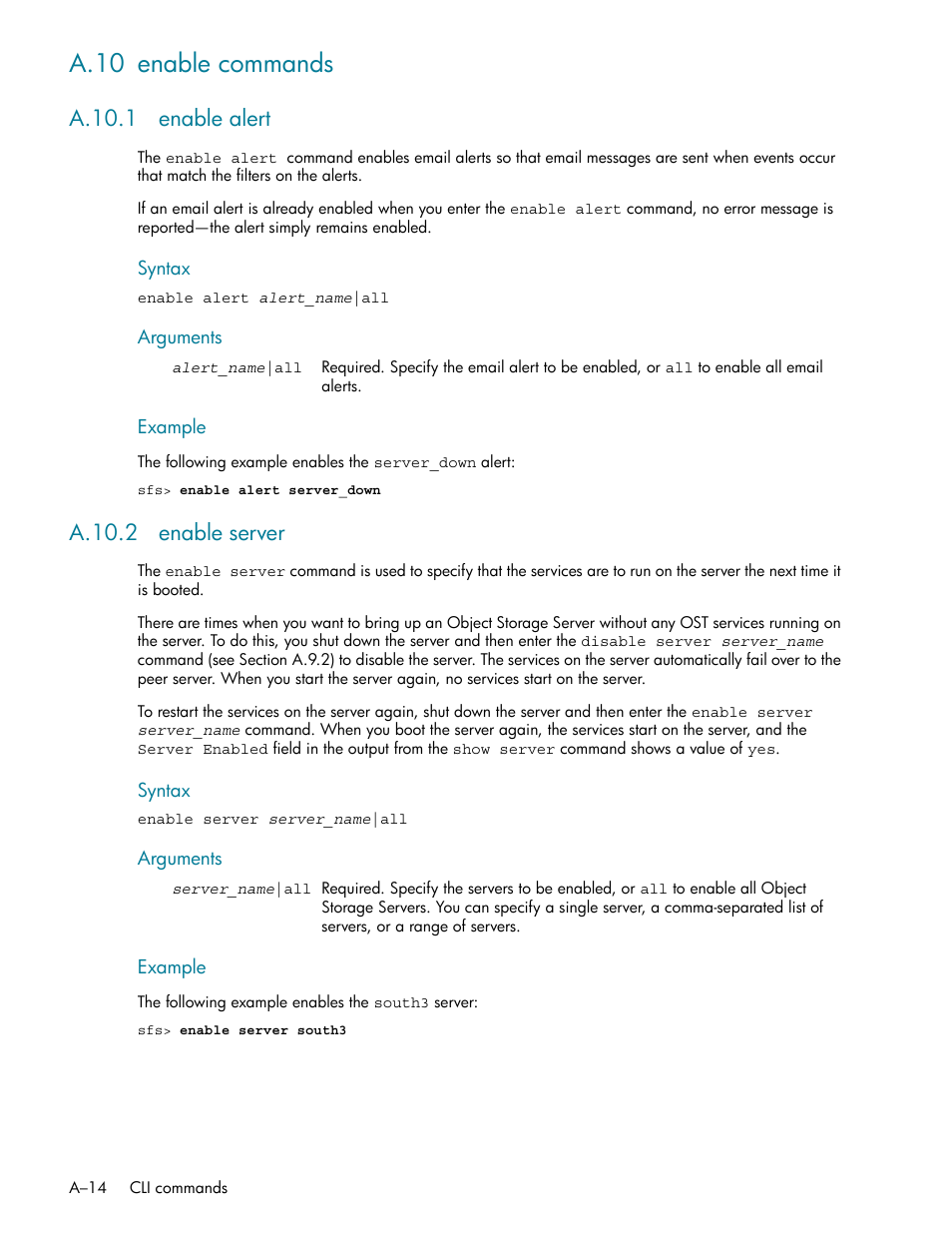 A.10 enable commands, A.10.1 enable alert, A.10.2 enable server | HP StorageWorks Scalable File Share User Manual | Page 308 / 362