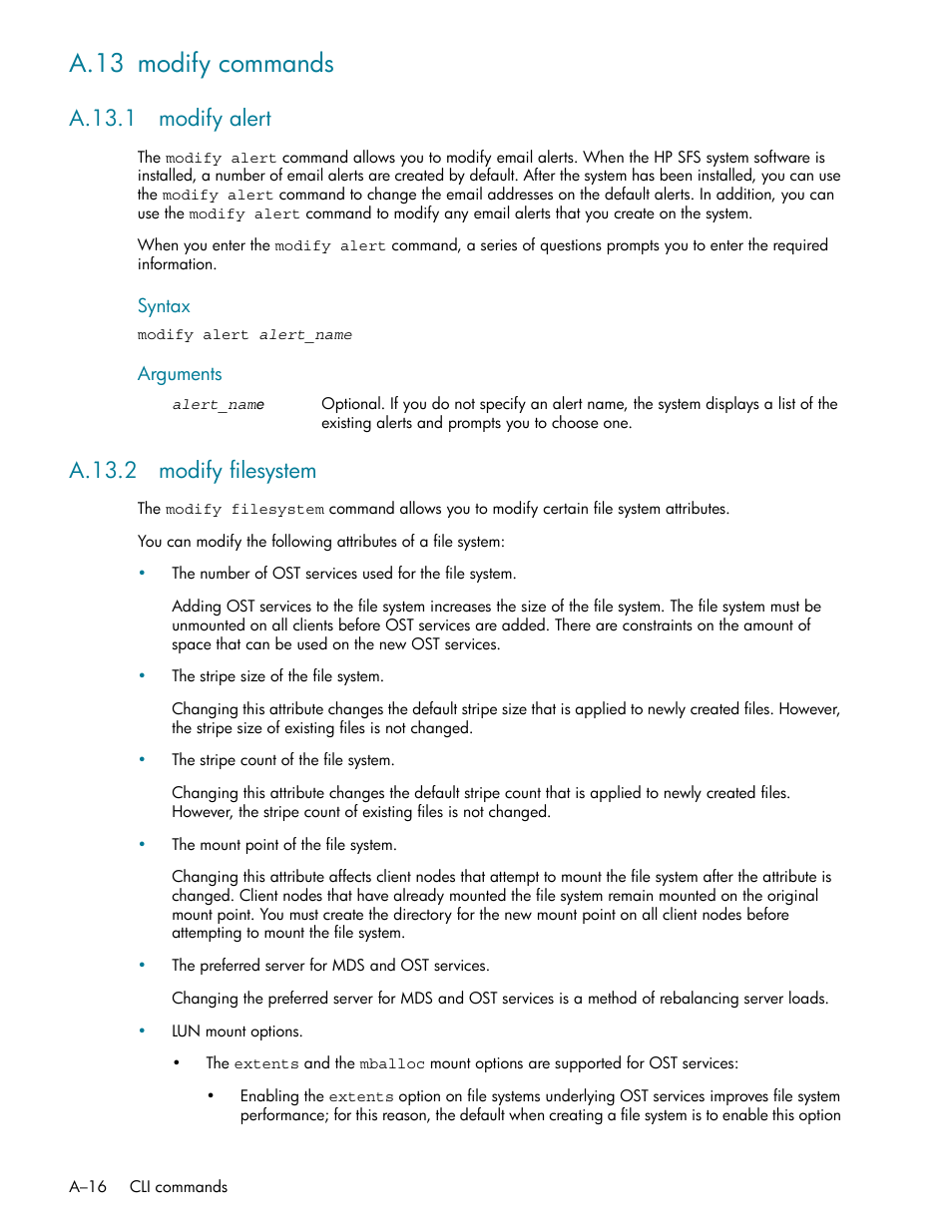 A.13 modify commands, A.13.1 modify alert, A.13.2 modify filesystem | HP StorageWorks Scalable File Share User Manual | Page 310 / 362