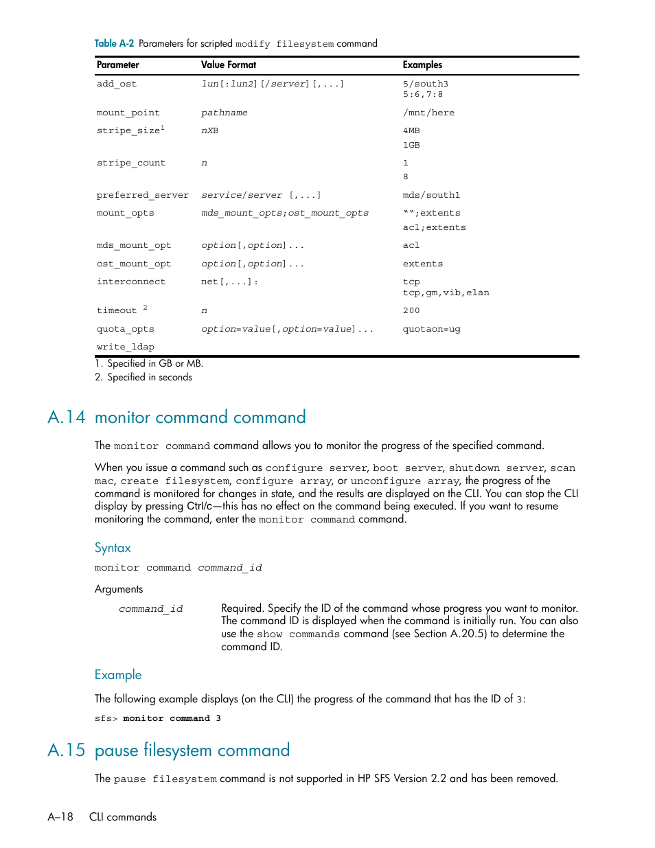 A.14 monitor command command, A.15 pause filesystem command | HP StorageWorks Scalable File Share User Manual | Page 312 / 362