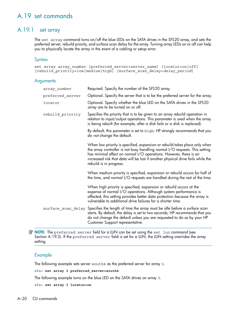 A.19 set commands, A.19.1 set array | HP StorageWorks Scalable File Share User Manual | Page 314 / 362