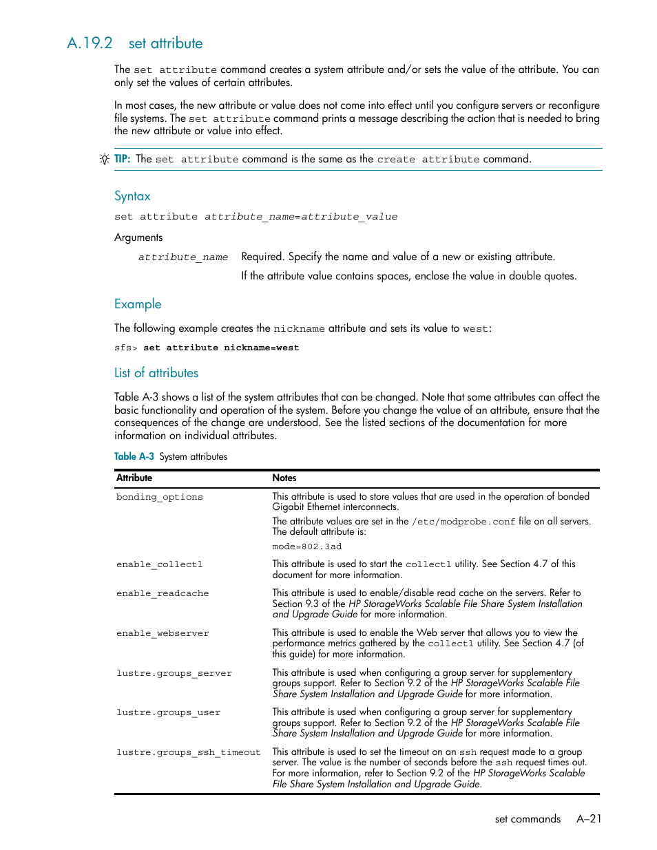 A.19.2 set attribute | HP StorageWorks Scalable File Share User Manual | Page 315 / 362