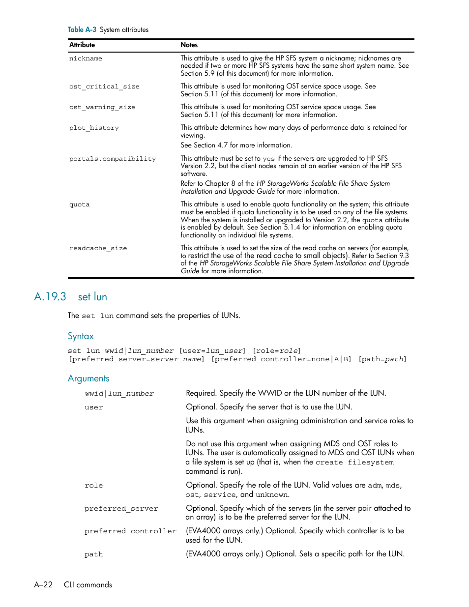 A.19.3 set lun | HP StorageWorks Scalable File Share User Manual | Page 316 / 362