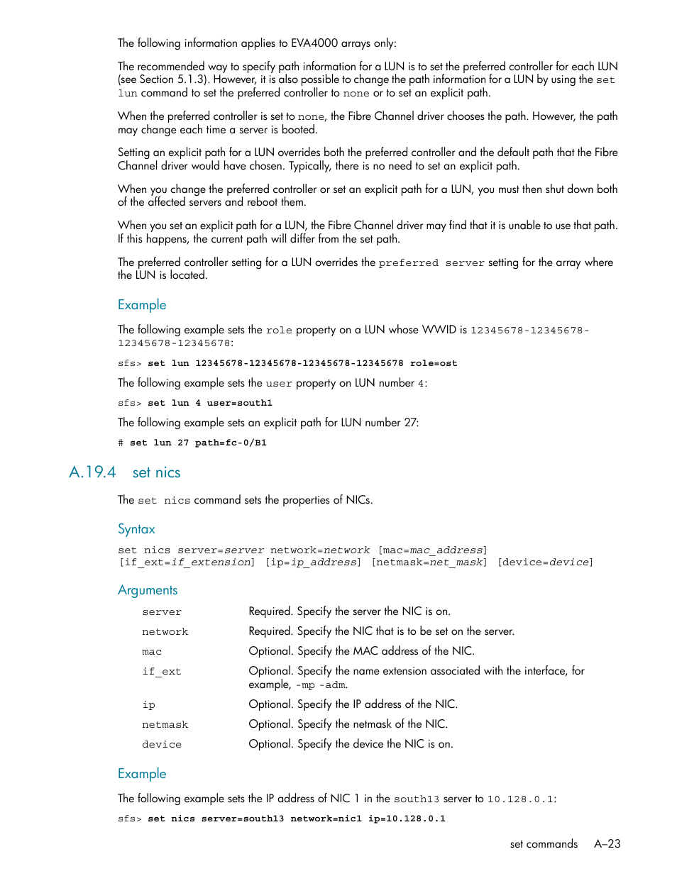 A.19.4 set nics | HP StorageWorks Scalable File Share User Manual | Page 317 / 362