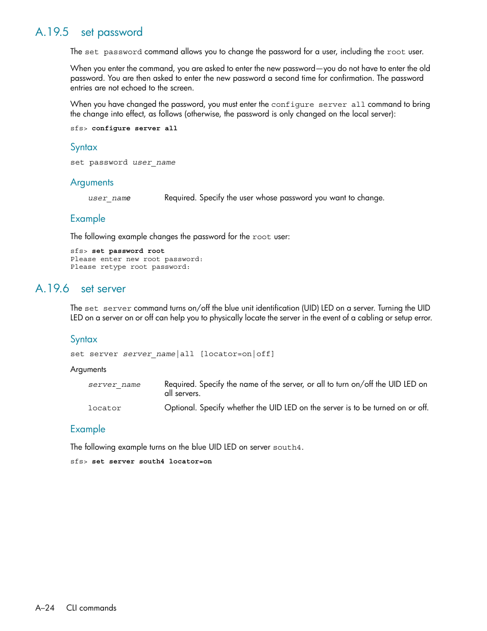 A.19.5 set password, A.19.6 set server | HP StorageWorks Scalable File Share User Manual | Page 318 / 362