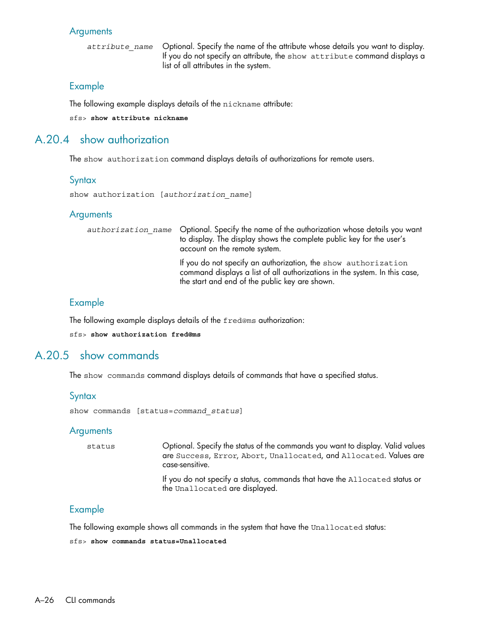 A.20.4 show authorization, A.20.5 show commands | HP StorageWorks Scalable File Share User Manual | Page 320 / 362