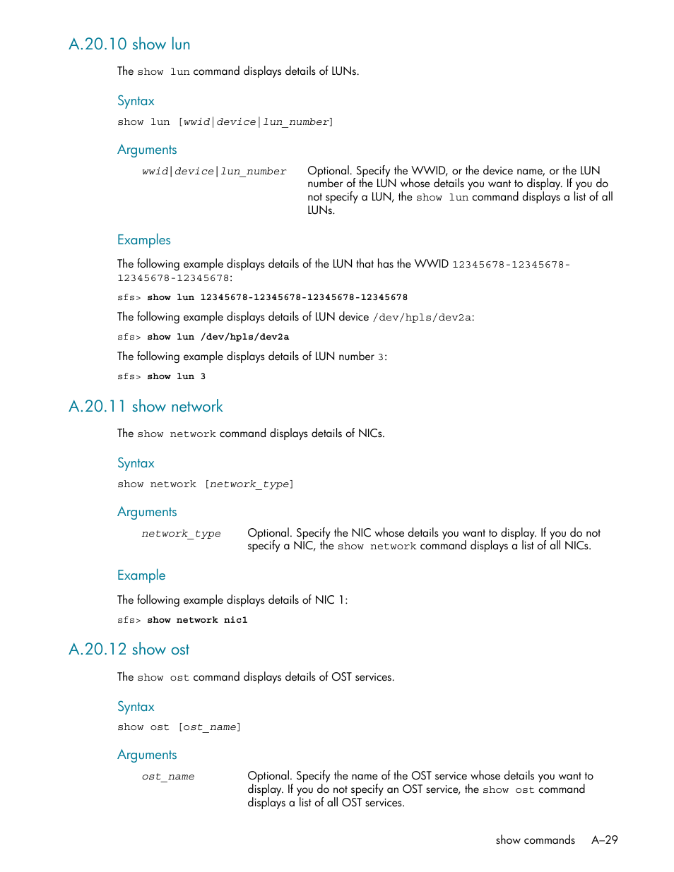 A.20.10 show lun, A.20.11 show network, A.20.12 show ost | HP StorageWorks Scalable File Share User Manual | Page 323 / 362