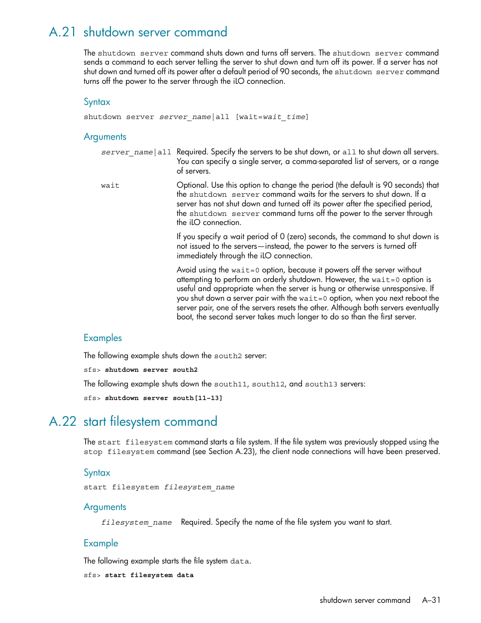 A.21 shutdown server command, A.22 start filesystem command | HP StorageWorks Scalable File Share User Manual | Page 325 / 362