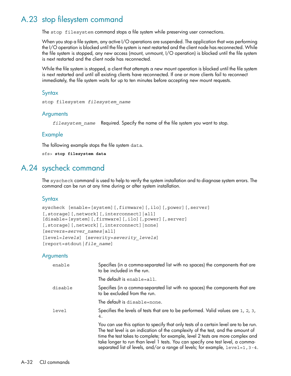 A.23 stop filesystem command, A.24 syscheck command | HP StorageWorks Scalable File Share User Manual | Page 326 / 362