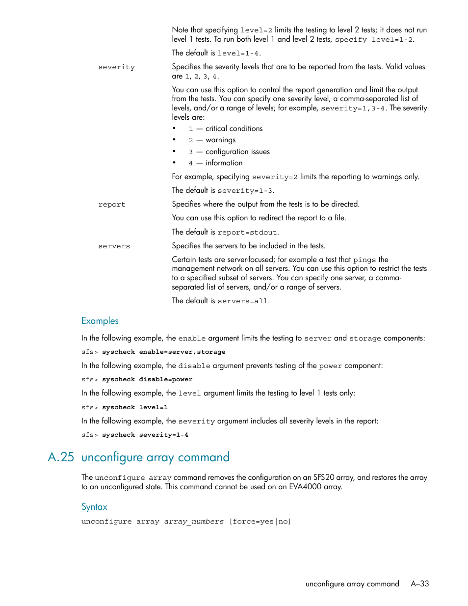 A.25 unconfigure array command | HP StorageWorks Scalable File Share User Manual | Page 327 / 362