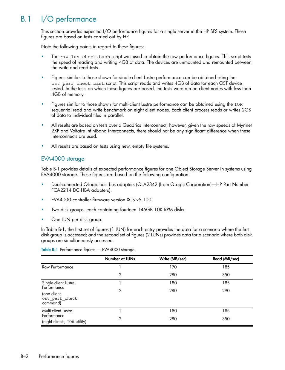 B.1 i/o performance, I/o performance (section b.1) | HP StorageWorks Scalable File Share User Manual | Page 330 / 362