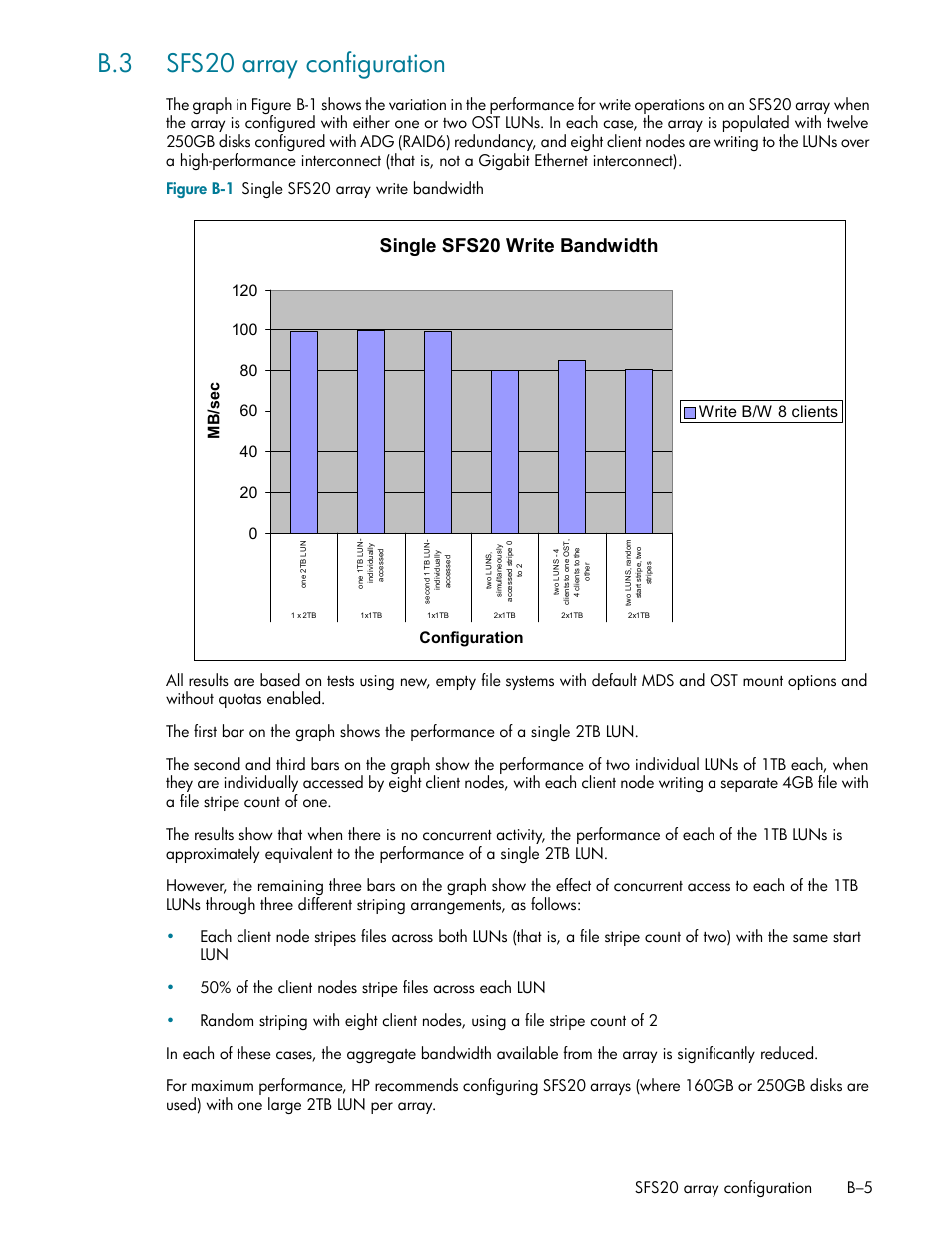 B.3 sfs20 array configuration, Sfs20 array configuration (section b.3), Single sfs20 write bandwidth | Configuration mb /s ec write b/w 8 clients, Sfs20 array configuration b–5 | HP StorageWorks Scalable File Share User Manual | Page 333 / 362