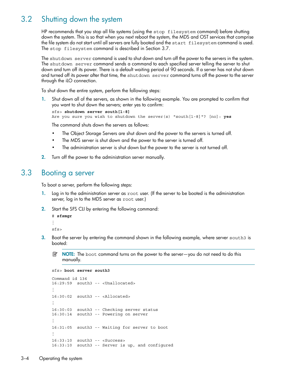 2 shutting down the system, 3 booting a server, 2 shutting down the system -4 | 3 booting a server -4, Shutting down the system (section 3.2), Booting a server (section 3.3) | HP StorageWorks Scalable File Share User Manual | Page 36 / 362