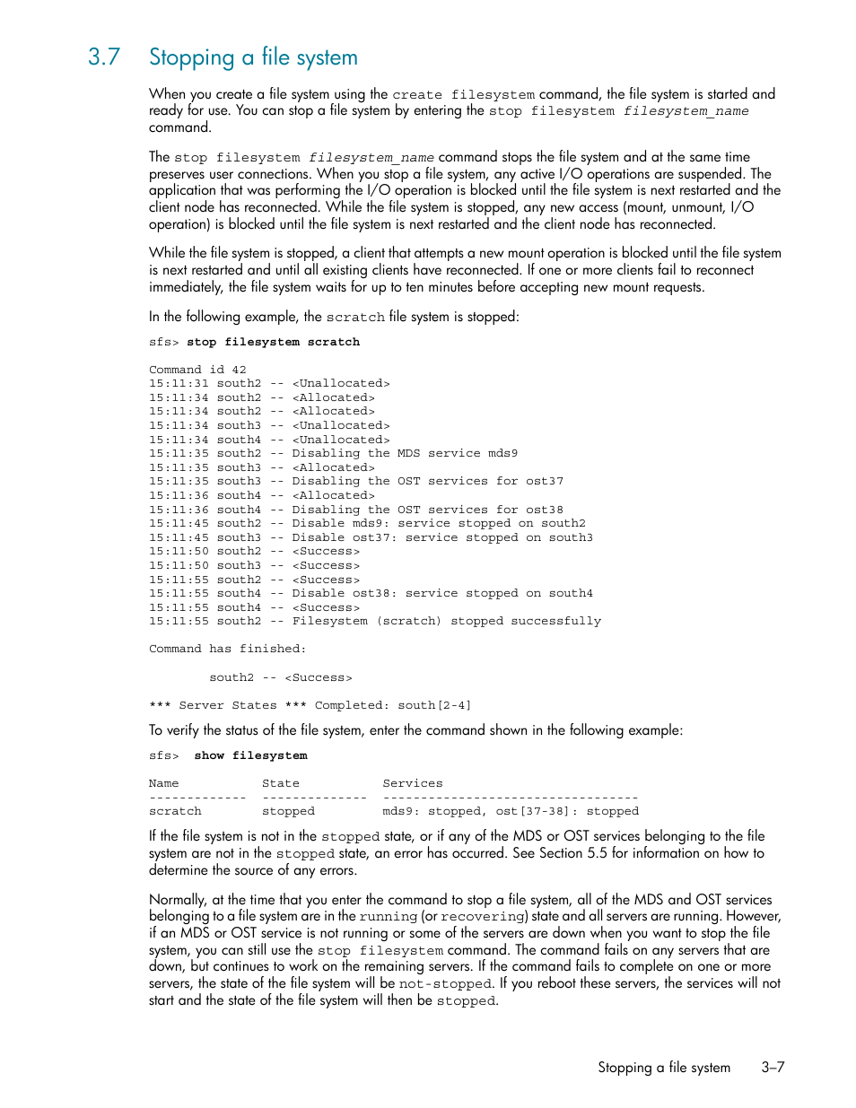 7 stopping a file system, 7 stopping a file system -7, Stopping a file system (section 3.7) | HP StorageWorks Scalable File Share User Manual | Page 39 / 362