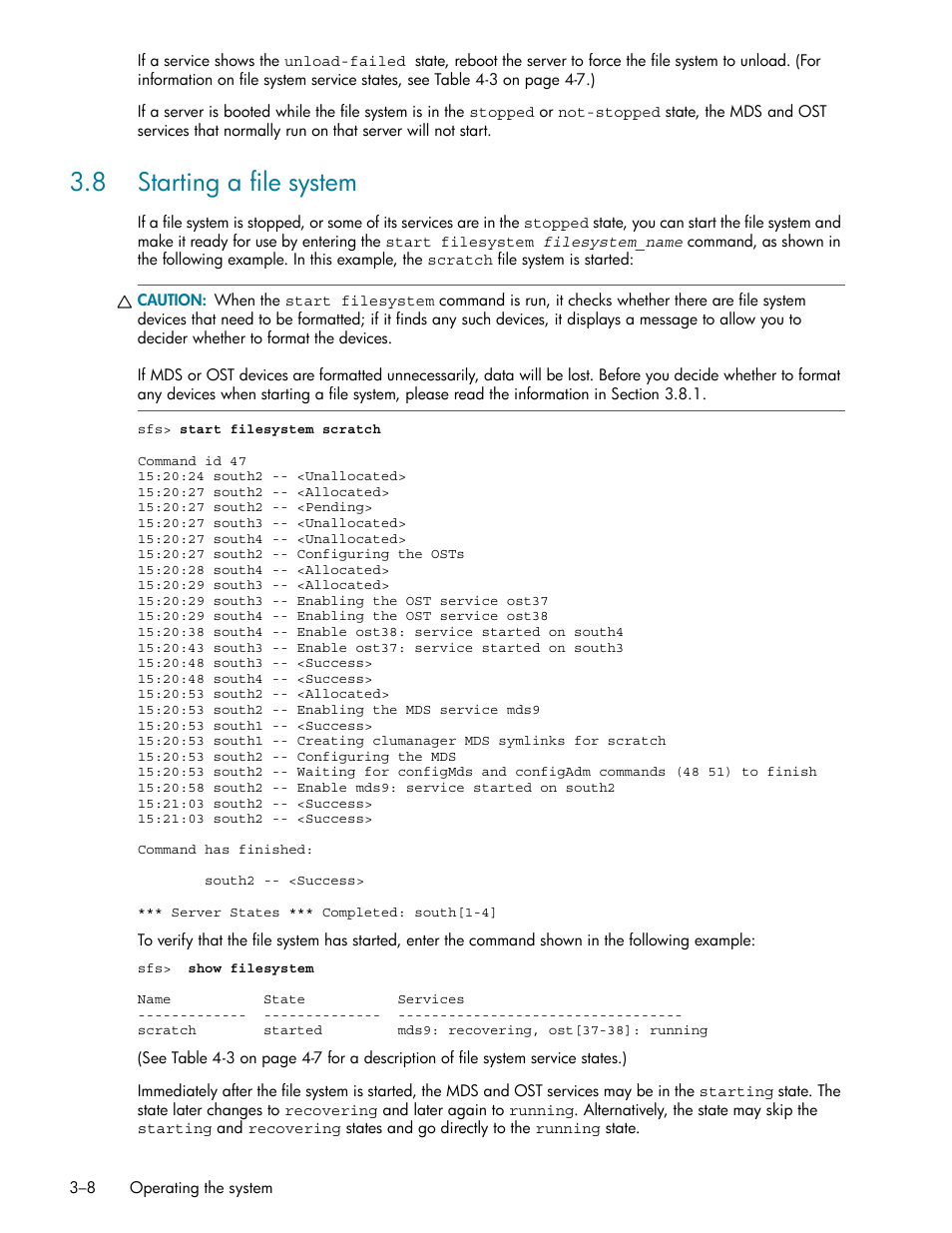 8 starting a file system, 8 starting a file system -8, Starting a file system (section 3.8) | HP StorageWorks Scalable File Share User Manual | Page 40 / 362