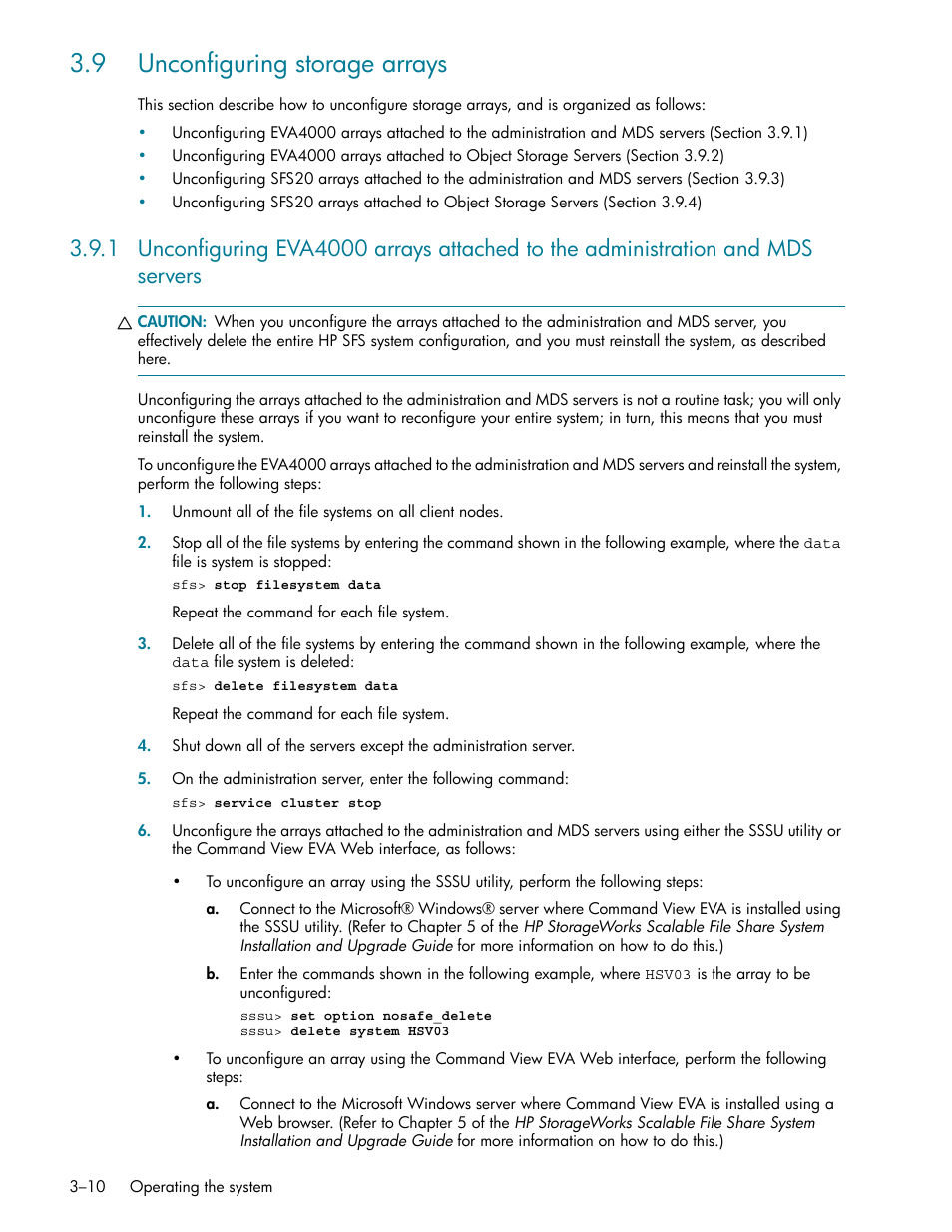 9 unconfiguring storage arrays, 9 unconfiguring storage arrays -10, Unconfiguring storage arrays (section 3.9) | HP StorageWorks Scalable File Share User Manual | Page 42 / 362