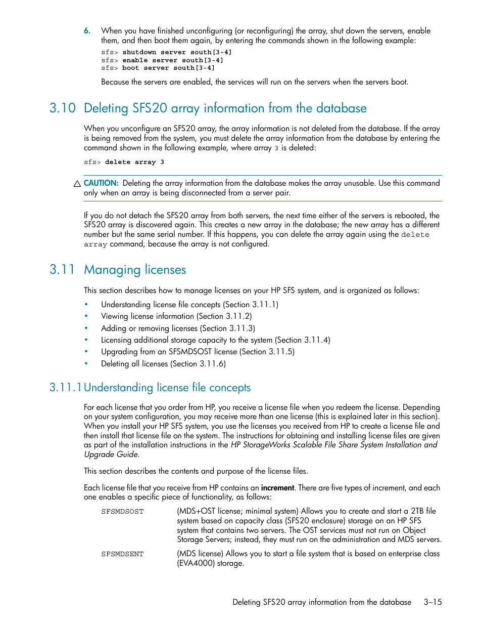 11 managing licenses, 1 understanding license file concepts, 11 managing licenses -15 | 1 understanding license file concepts -15, Managing licenses (section 3.11), 1understanding license file concepts | HP StorageWorks Scalable File Share User Manual | Page 47 / 362