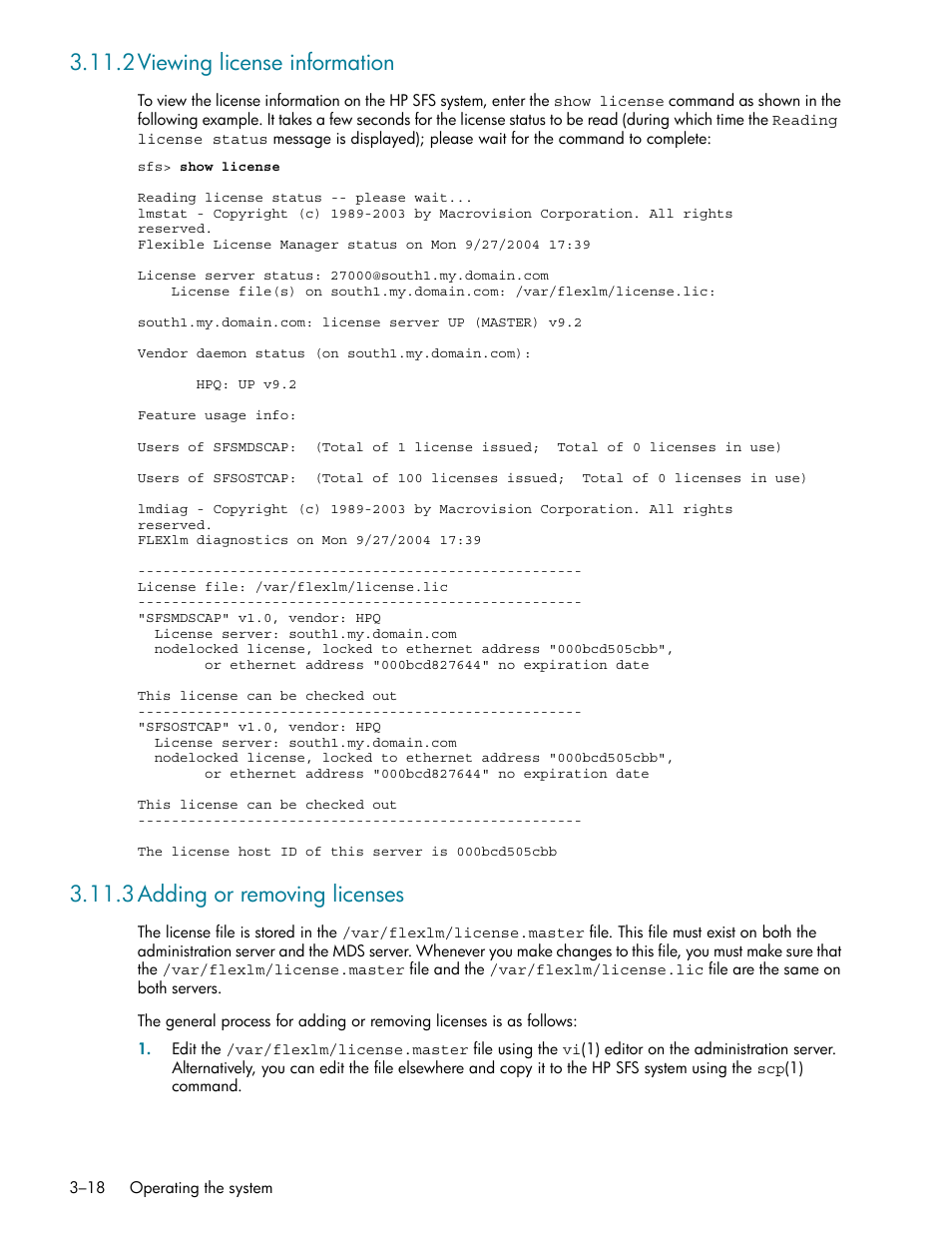 2 viewing license information, 3 adding or removing licenses, 2 viewing license information -18 | 3 adding or removing licenses -18, Viewing license information (section 3.11.2), Adding or removing licenses (section 3.11.3), 2viewing license information, 3adding or removing licenses | HP StorageWorks Scalable File Share User Manual | Page 50 / 362