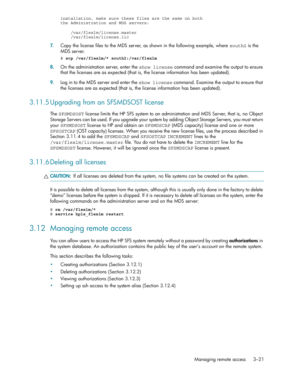 5 upgrading from an sfsmdsost license, 6 deleting all licenses, 12 managing remote access | 5 upgrading from an sfsmdsost license -21, 6 deleting all licenses -21, 12 managing remote access -21, E section 3.12, Managing remote access (section 3.12), Deleting all licenses (section 3.11.6), 5upgrading from an sfsmdsost license | HP StorageWorks Scalable File Share User Manual | Page 53 / 362