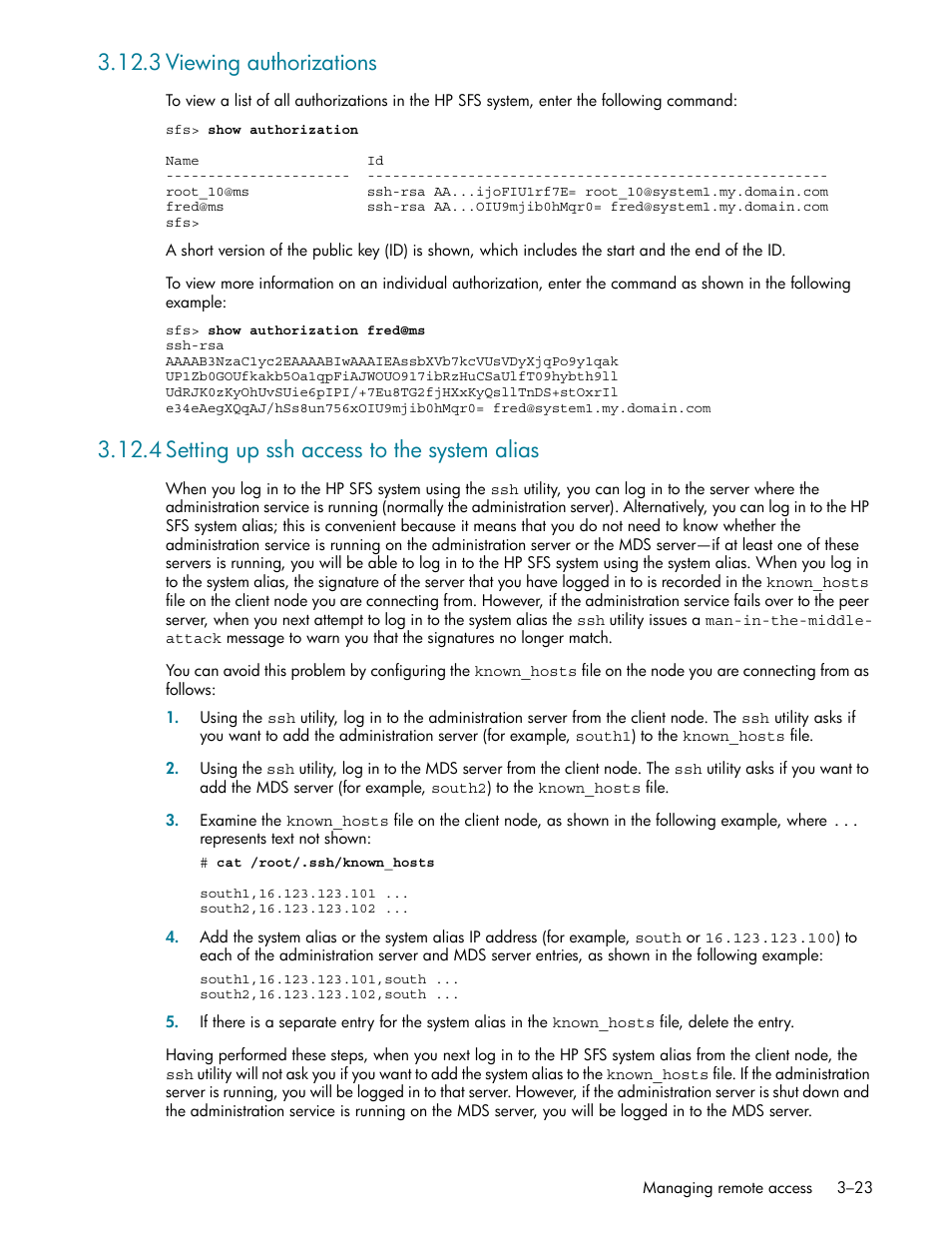 3 viewing authorizations, 4 setting up ssh access to the system alias, 3 viewing authorizations -23 | 4 setting up ssh access to the system alias -23, Viewing authorizations (section 3.12.3) | HP StorageWorks Scalable File Share User Manual | Page 55 / 362