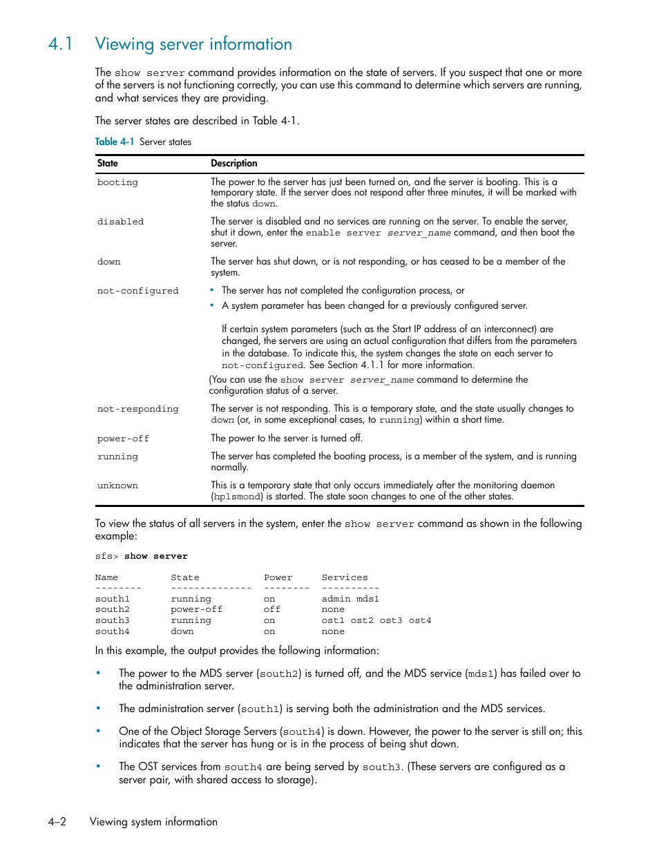 1 viewing server information, 1 viewing server information -2, Viewing server information (section 4.1) | HP StorageWorks Scalable File Share User Manual | Page 58 / 362