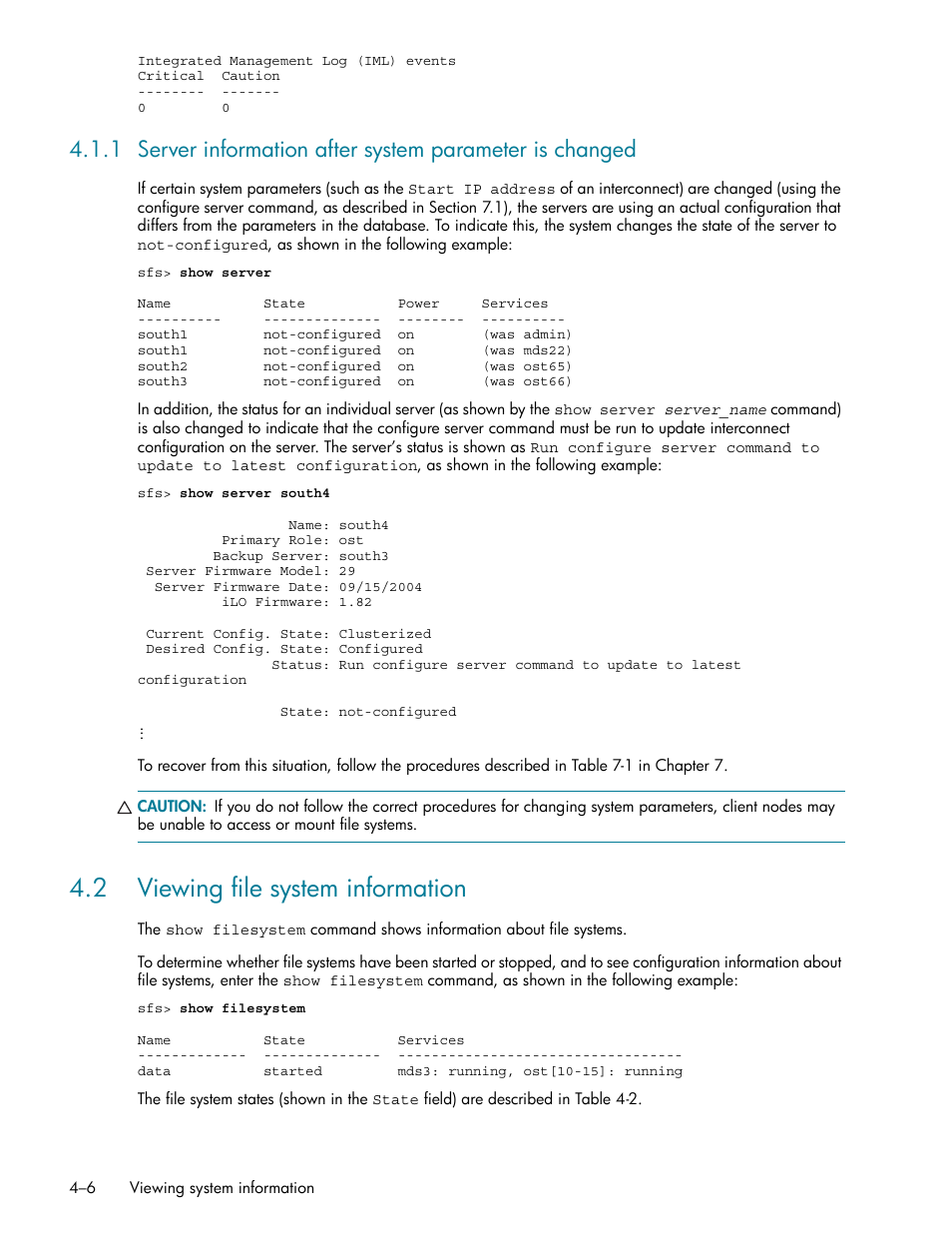 2 viewing file system information, 2 viewing file system information -6, Viewing file system information (section 4.2) | HP StorageWorks Scalable File Share User Manual | Page 62 / 362