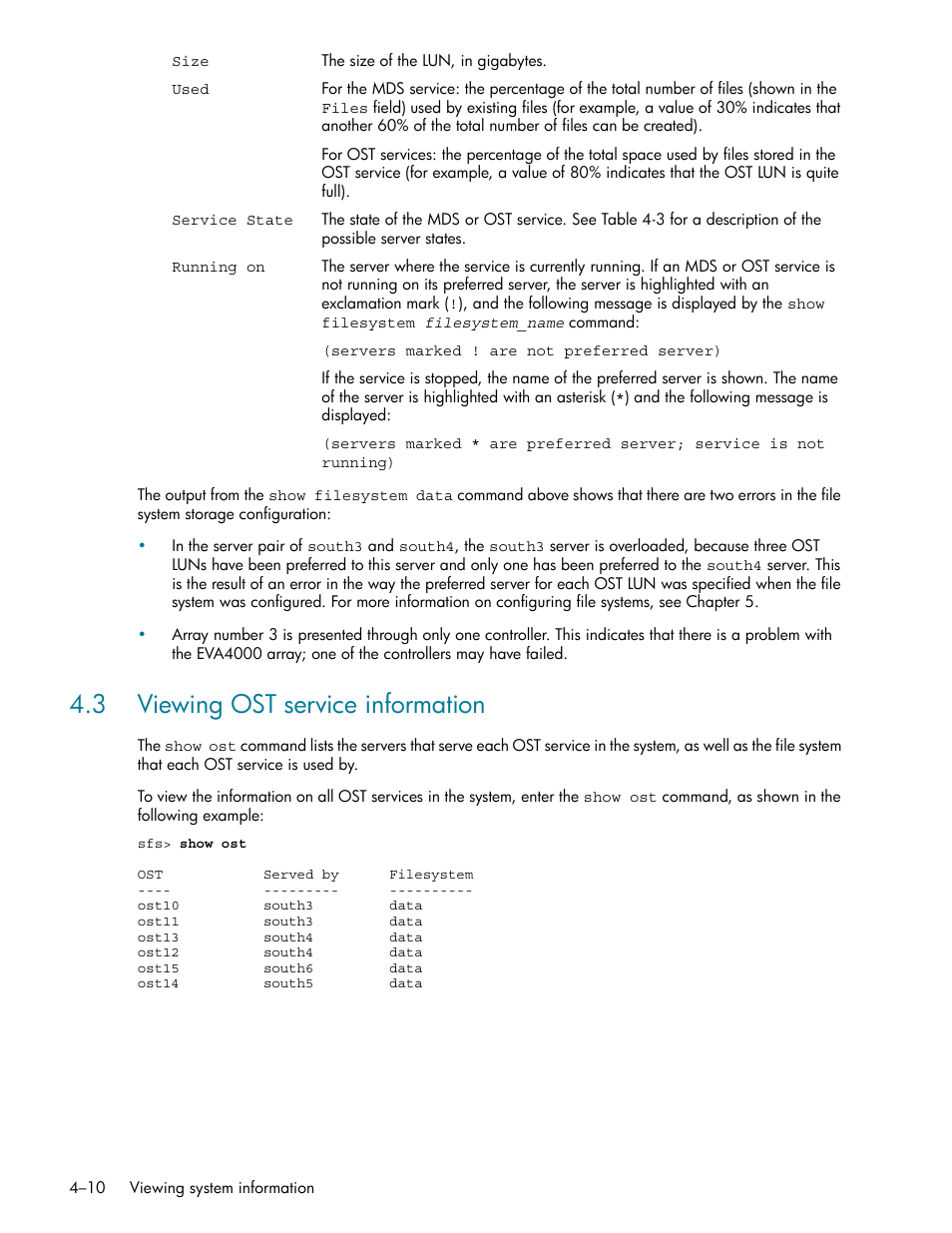 3 viewing ost service information, 3 viewing ost service information -10, Viewing ost service information (section 4.3) | HP StorageWorks Scalable File Share User Manual | Page 66 / 362