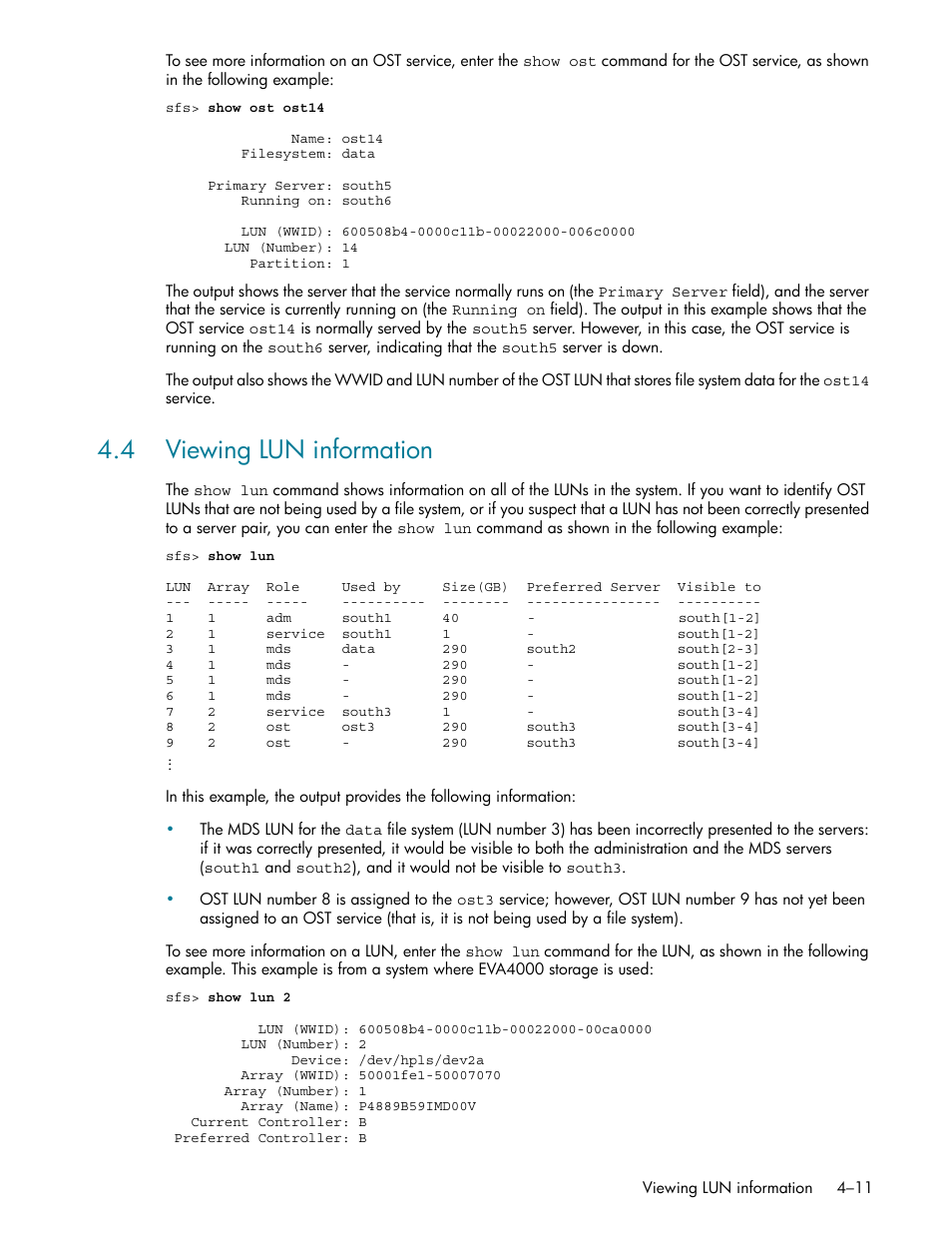 4 viewing lun information, 4 viewing lun information -11, Viewing lun information (section 4.4) | HP StorageWorks Scalable File Share User Manual | Page 67 / 362