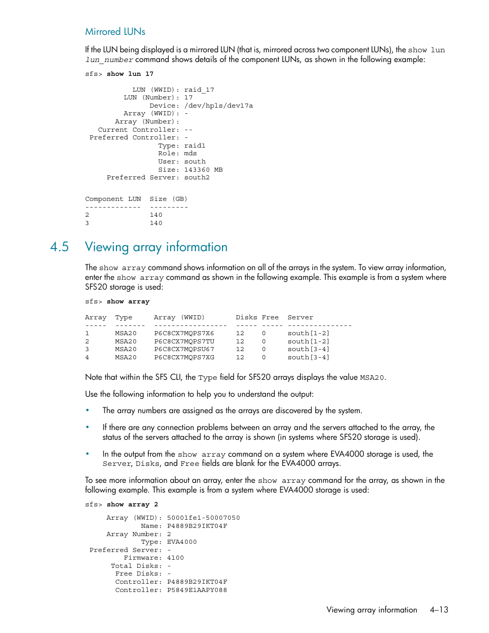 5 viewing array information, 5 viewing array information -13, Viewing array information (section 4.5) | HP StorageWorks Scalable File Share User Manual | Page 69 / 362