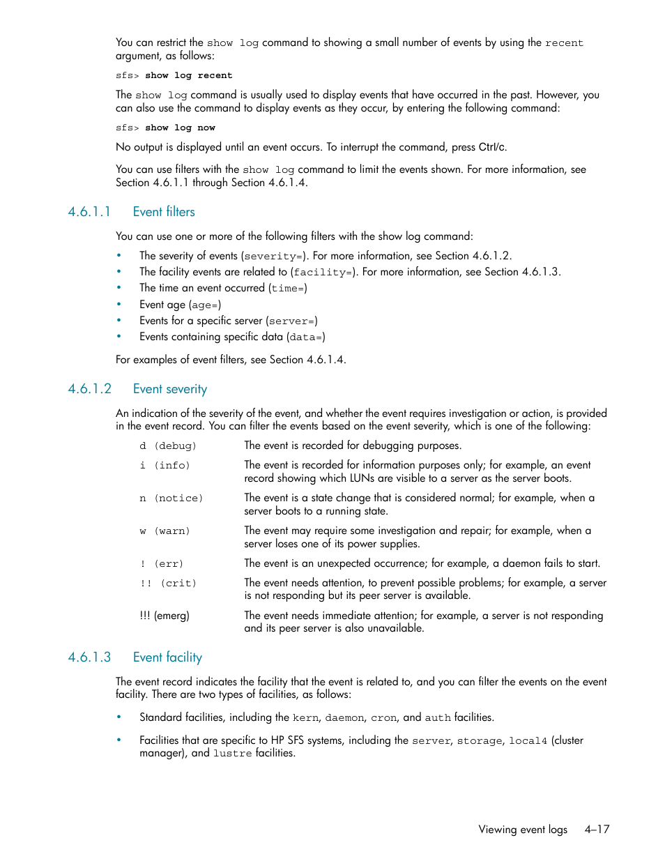 1 event filters, 2 event severity, 3 event facility | Event filters -17, Event severity -17, Event facility -17 | HP StorageWorks Scalable File Share User Manual | Page 73 / 362